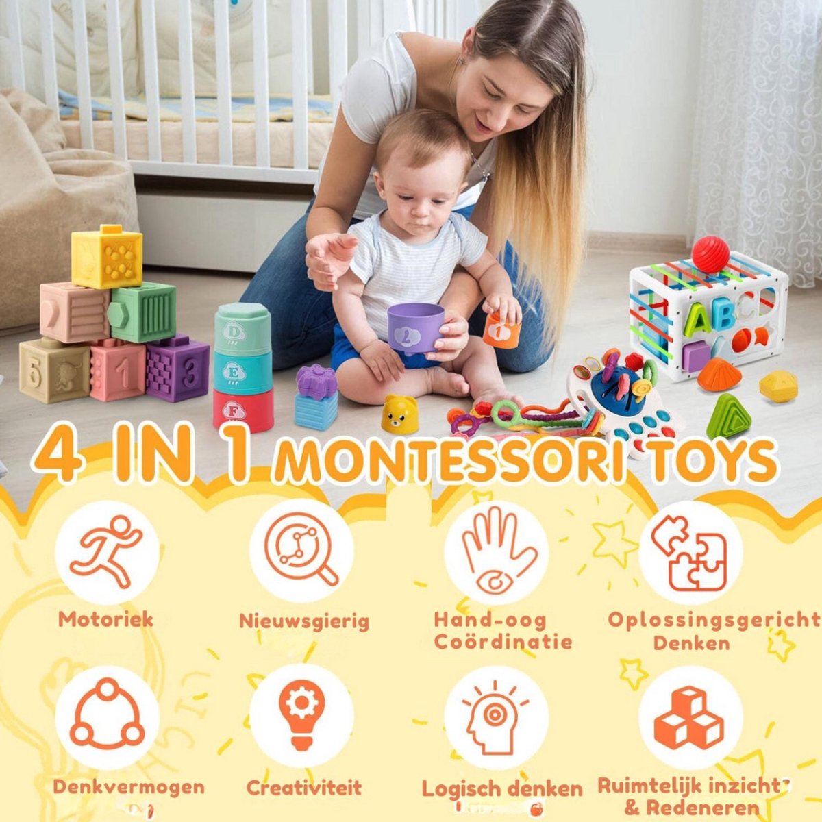 Baby Speelgoed - Speelgoed 1 Jaar - Montessori Speelgoed - Kinderspeelgoed - 4 in 1 Stapelblokken, Bijtring, Vormenstoof & Stapeltoren — afbeelding 2