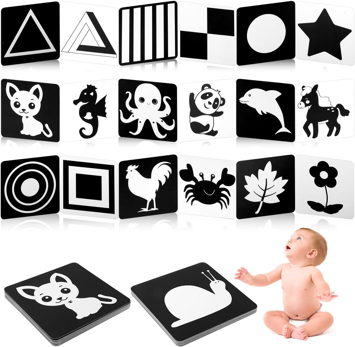 Image of 24-dB0BZC8ZYP Relige Baby Flash Kaarten - Dubbelzijdige Zwart-Wit Kaart - Vroeg Onderwijs Flash-kaarten Met Hoog Contrast Cartoon Flash-kaarten voor Baby Leunen en Ontwikkeling