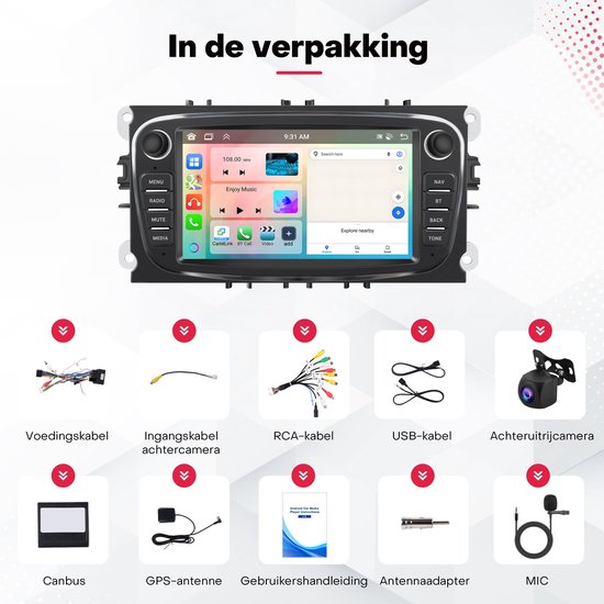 Onderdelen van een autoradio-set: kabels, GPS-antenne, microfoon, achteruitrijcamera en handleiding.
