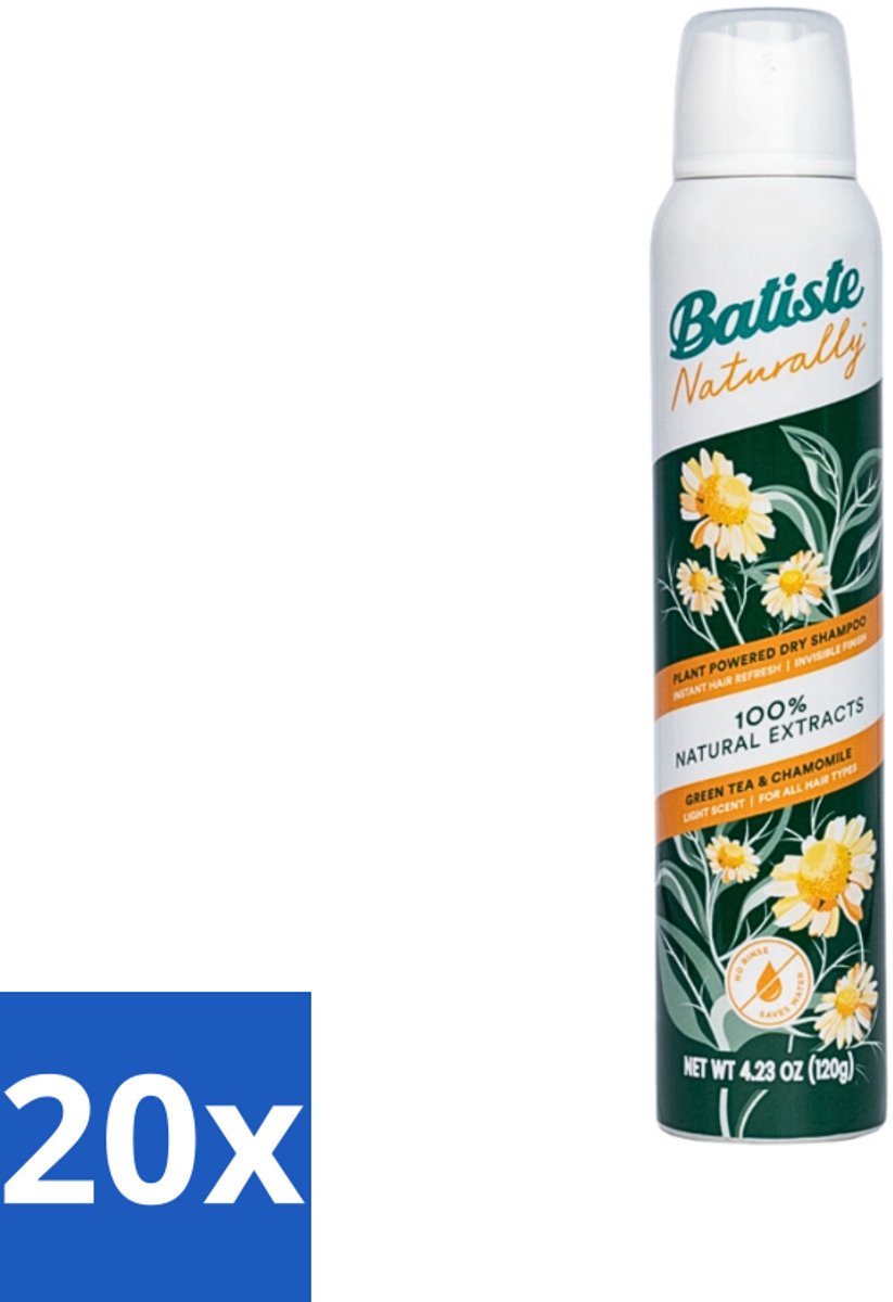 Batiste - Naturally Green Tea & Chamomile - Droogshampoo - 100% Natuurlijke Extracten - Verfrist en Zuivert - 200ml - Bulkverpakking - 20 stuks