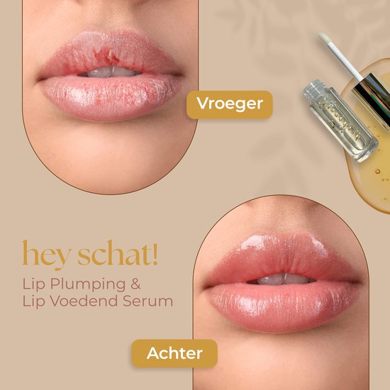 Vergelijking van droge, gebarsten lippen en volle, gehydrateerde lippen met HG Aesthetics lip serum. Tekst: 'Vroeger', 'Achter', 'hey schat!', 'Lip Plumping & Lip Voedend Serum'.