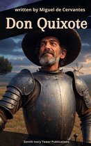 Don Quixote, geschreven door Miguel de Cervantes. Een man in harnas met een hoed en een molen op de achtergrond.
