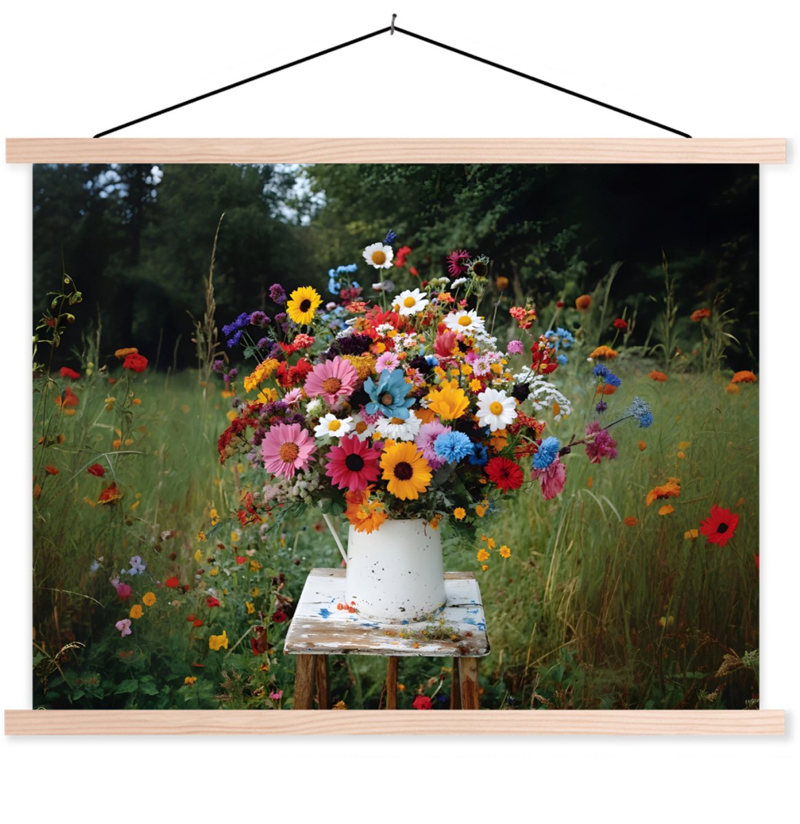 Posterhanger incl. Poster 60x45 cm - Schoolplaat - Bloemen - Krukje - Gieter - Veld - Text