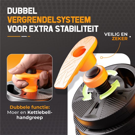 Detailopname van een oranje vergrendelingsmechanisme op zwarte gewichtsschijven.