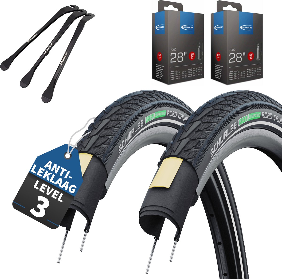 2-delige Schwalbe Road Cruiser fietsbanden zwart reflex 28x1,40 inch buitenband (37-622) – met SV- Frans ventiel binnenbanden & 3x MSZweirad bandenlichters
