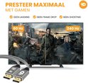 Twee schermen naast elkaar met verschillende beeldkwaliteit. Links 60 Hz, rechts 240 Hz. Twee DisplayPort kabels in beeld. Tekst: Presteer maximaal met gamen, Geen lagging, Geen frame drop, Geen ghosting.
