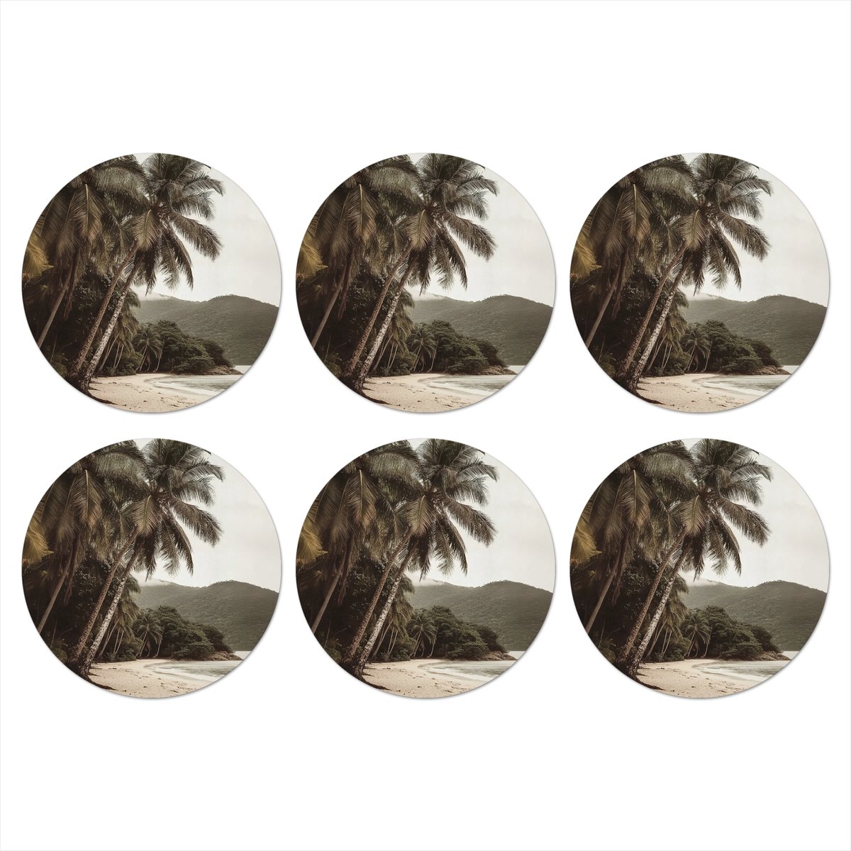 Onderzetters voor glazen - Rond - Eiland - Palmboom - Zee - 10x10 cm - Glasonderzetters - 6 stuks