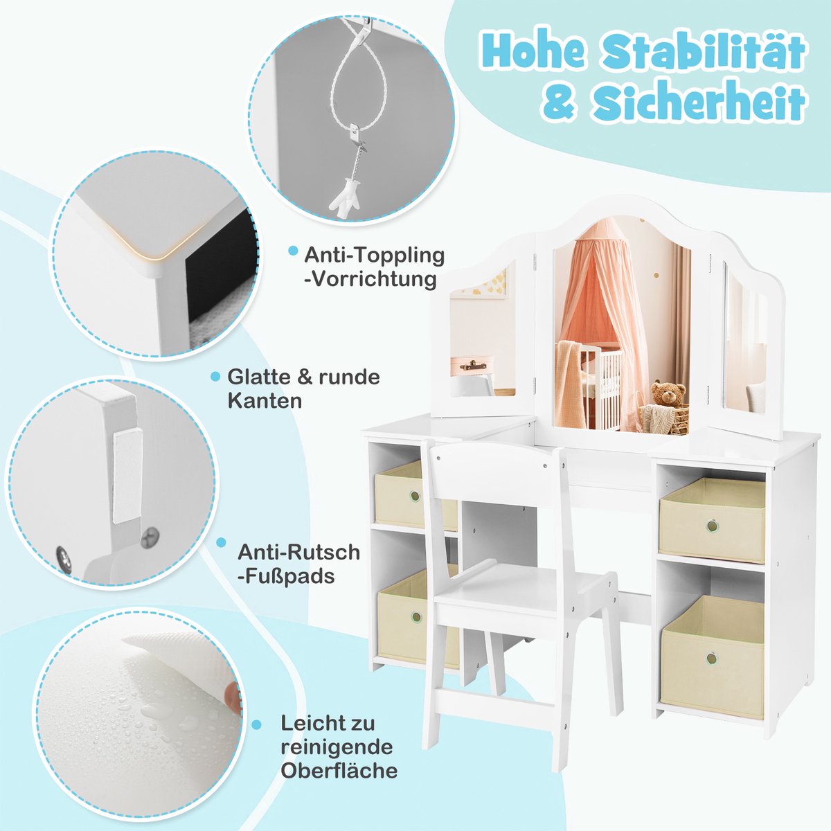 Costway 2-in-1 Kaptafel Kind - Make-uptafel & Bureau voor Meisjes - Wit — afbeelding 2