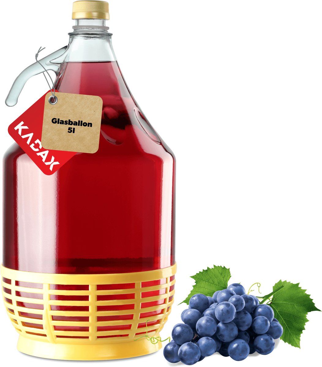 KADAX Wijnballon, 5 liter, glazen ballon voor wijn, smalle opening, fermentatieballon, gallon, fermentatiecontainer, fles, glazen fles, glazen gistballon, gastenrijmer, ballon met mand van kunststof