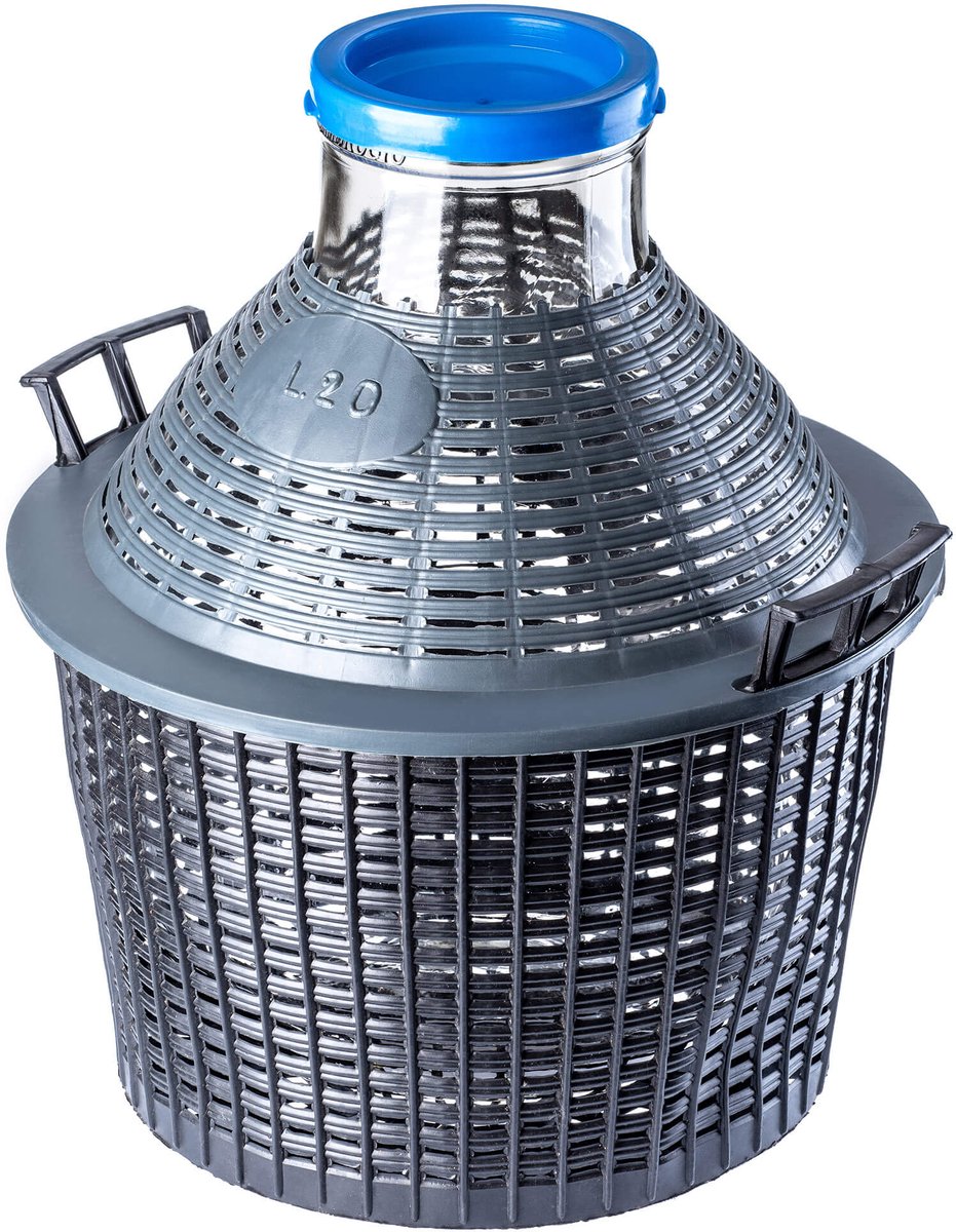 KADAX Glazen ballon, fermentatieballon met kunststof mand, brede opening, rubberen stop, wijnballon, glazen gistballon, fles, glazen fles, gallon, fermentatiecontainer, gastenrijmer (5 liter)