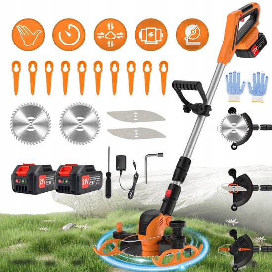 Foto: 21v elektrische grasmaaier hoek lengteverstelbaar veiligheidsvergrendeling wordt geleverd met 3 messen kantensnijder bosmaaier wordt geleverd met installatiegereedschap en handschoenen