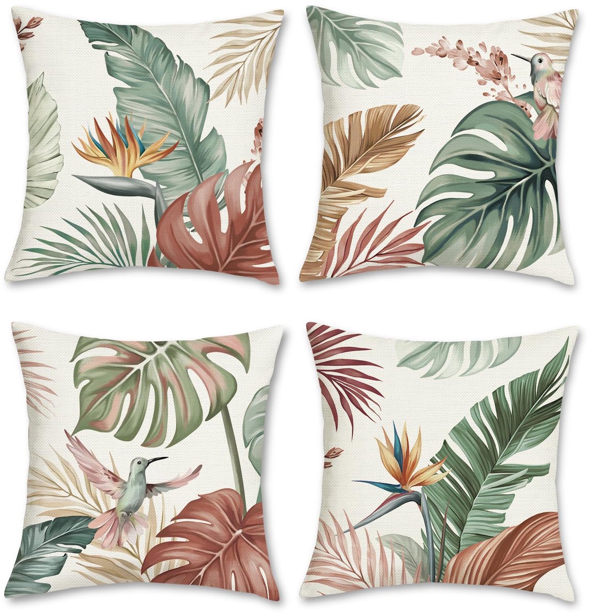 Ibenzoa Set van 4 decoratieve kussenslopen met tropische bladeren en vogelontwerp, 45 x 45 cm kleur 9
