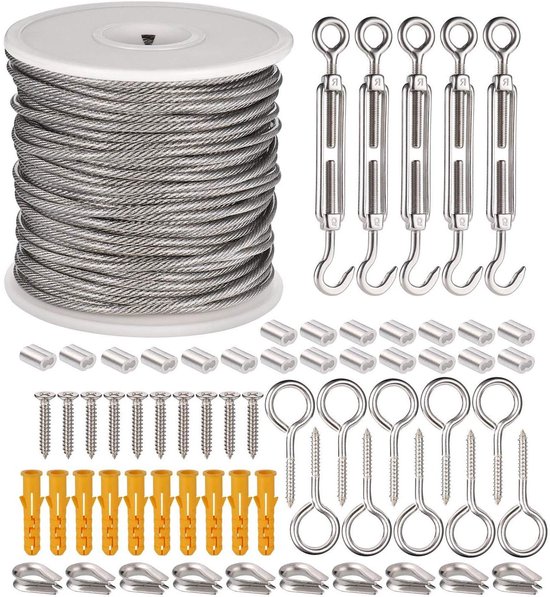 Jizzu 66 Pieces Stainless Steel Cable Set with PVC Coating High Quality Steel Cable Set Eye Screws for Climbing Plants Curtain Cord