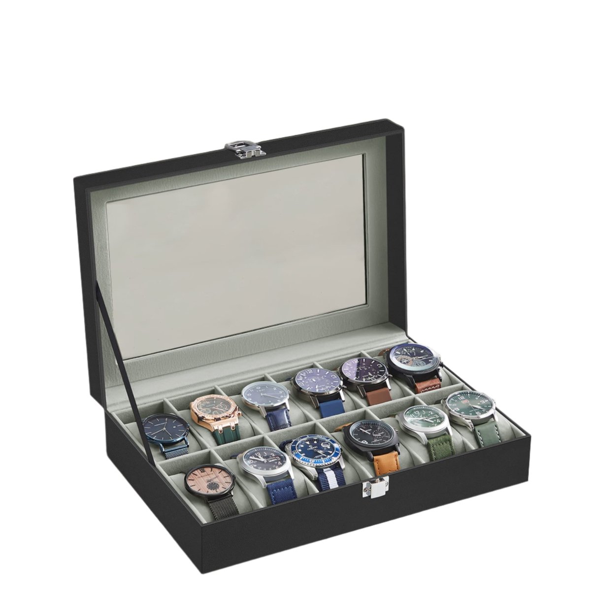 12 Compartiment Watch Box - Glazen deksel - Bekijkopslag - Krasbeveiliging - 32 cm x 18,6 cm x 8,5 cm