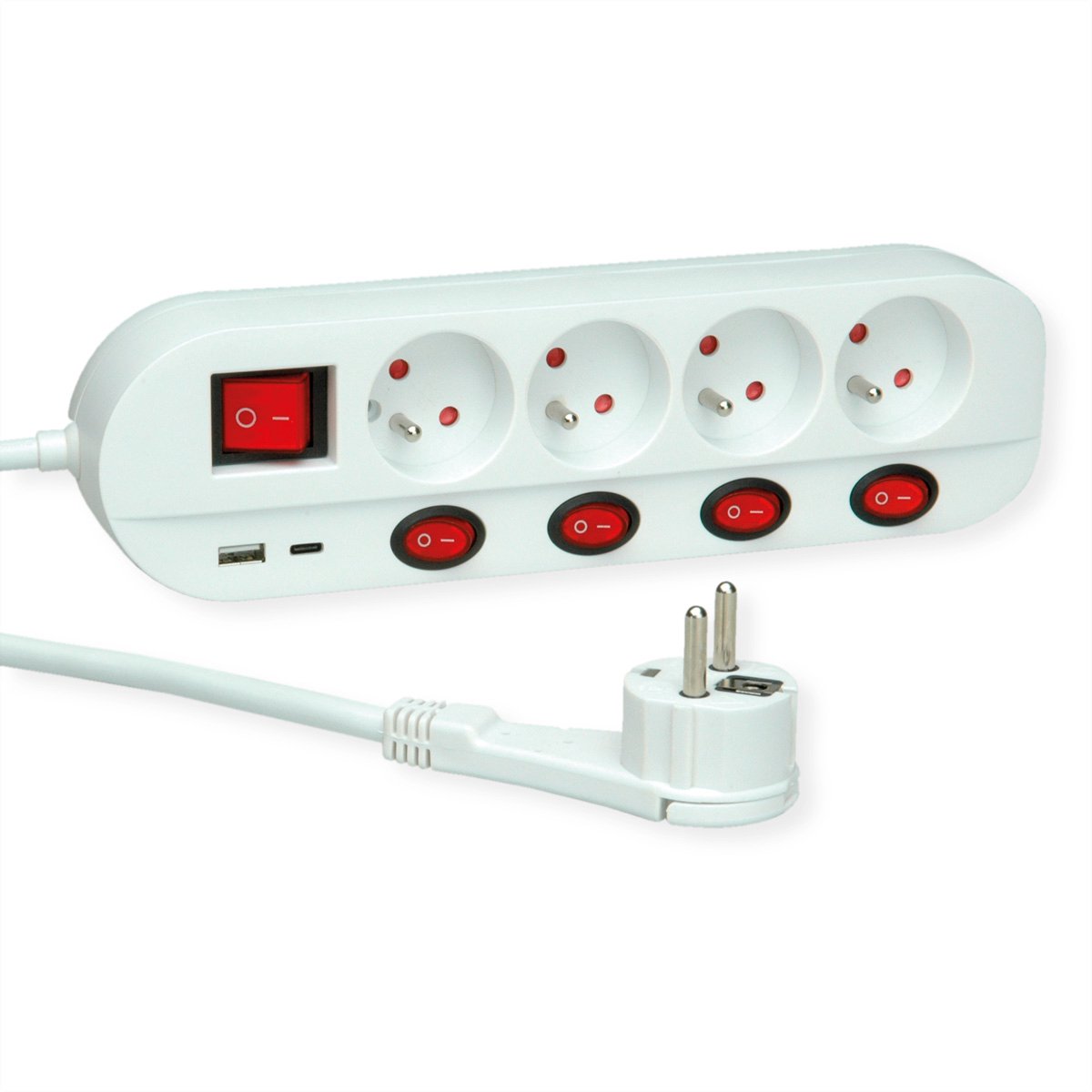 ROLINE 4-voudige stekkerdoos met schakelaar, UTE versie, USB-oplader A+C, 1,5 m