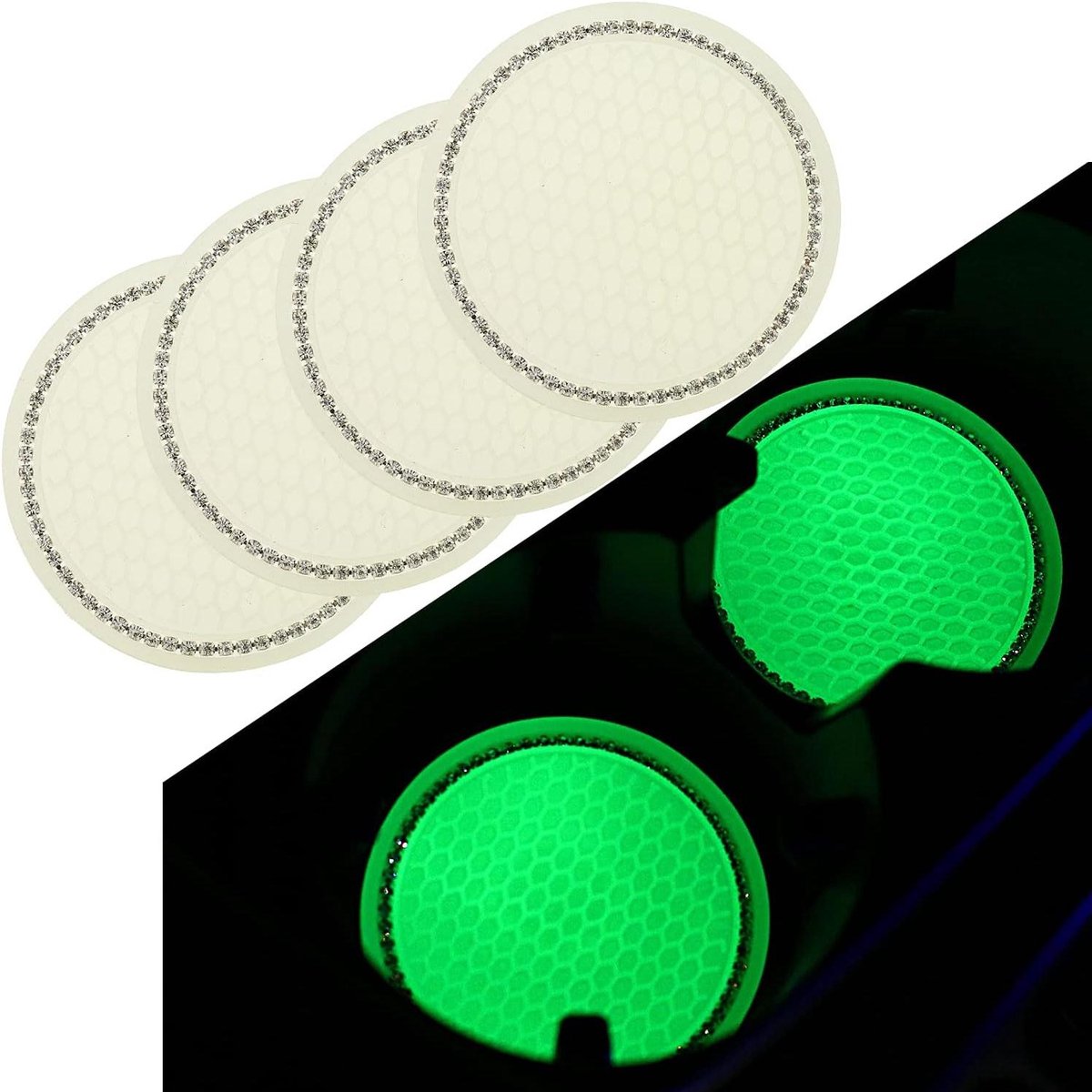 Allecto Plus - Autoverlichting Luminous Coaster met Luminous Glitter Cup Holder en Crystal Rhinestone - Auto-accessoires - Interieurdecoratie (Wit, 7 cm, 4 stuks)