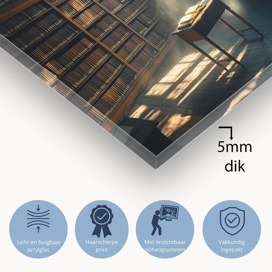 Zonovergoten klassieke bibliotheek - Bibliotheek glazen schilderij - Kunst boeken - Realisme - Schilderij op plexiglas - Klassieke schilderijen - acrylglas 60x40 cm