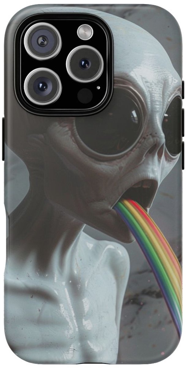 Grijze Alien met Regenboogstraal – Telefoonhoesje Geschikt voor iPhone 16 Pro