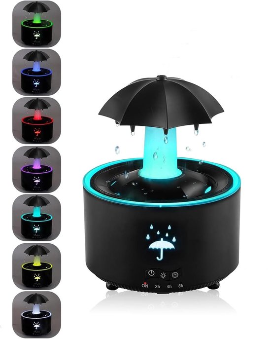 Regenwolken-luchtbevochtiger, waterdruppels, 7-kleuren-nachtregendiffuser met afstandsbediening tijdbediening, paddenstoeldiffusorlamp, regengeluiden om te slapen, bureaufontein