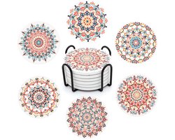 STARUBY 6-delige set onderzetters met bloemenpatroon en houder, diameter 10,3 cm, absorberende keramische onderzetters met kurkbodem, voor biercafés, bekers, vazen, kaarsen, drankjes, tafelonderzetters, cadeaus