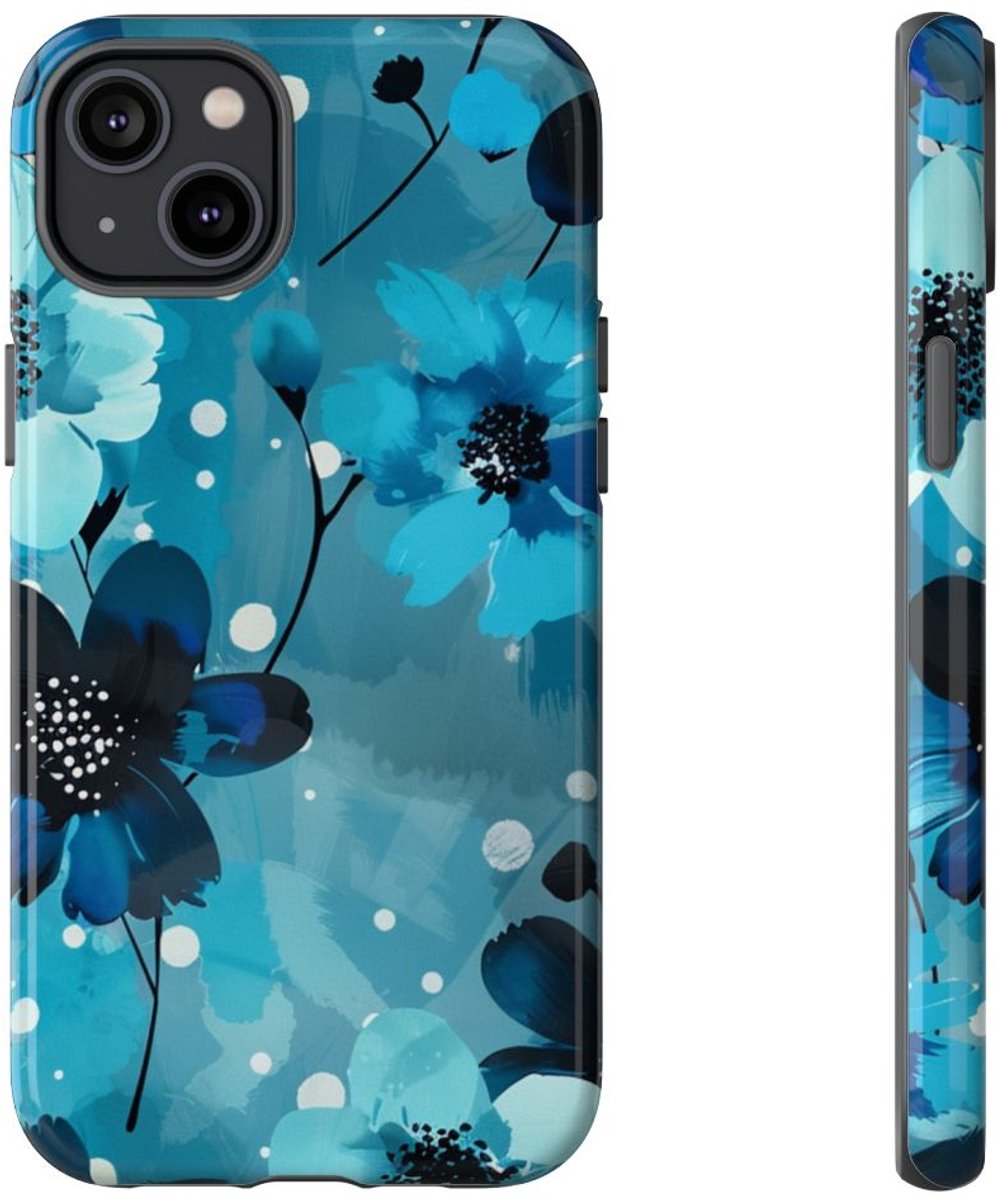 Blauw Bloemenpatroon met Stippen – Telefoonhoesje Geschikt voor iPhone 14 Plus
