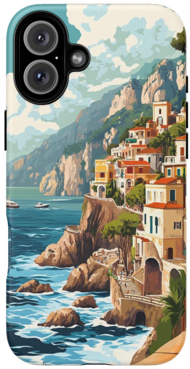 Retro Illustratie van de Amalfikust – Telefoonhoesje Geschikt voor iPhone 16 Plus