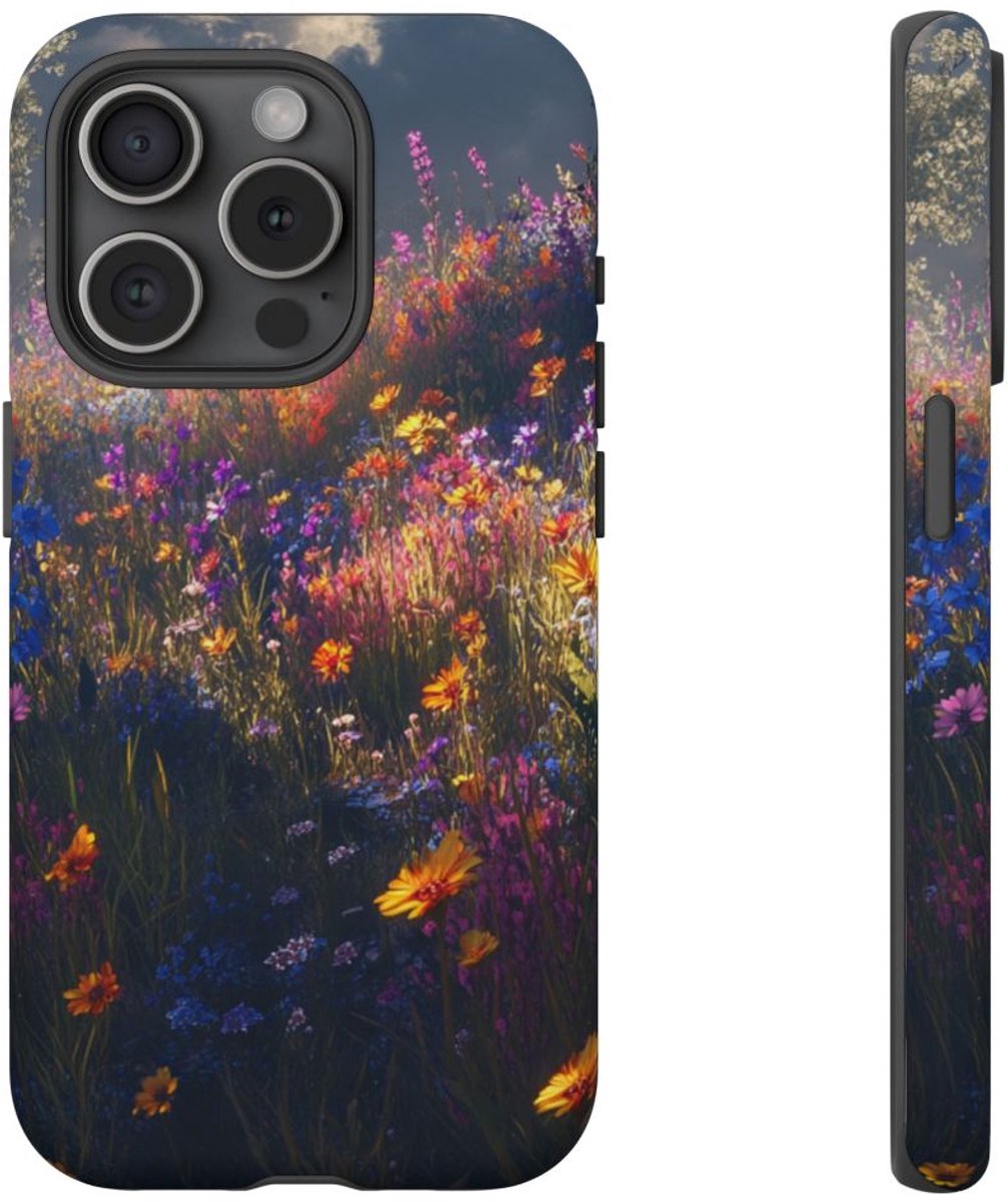 Vrolijk Bloemenveld – Telefoonhoesje Geschikt voor iPhone 15 Pro