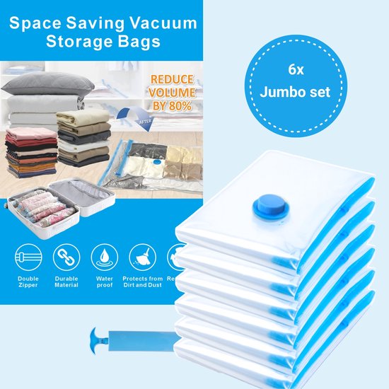 SpaceSaver - vacuüm opbergzakken (Jumbo 6-pack) Bespaar 80% op kledingopslagruimte - Vacuümzakken voor dekbedden, dekens, beddengoed, kleding - Compressieafdichting voor kastopslag. Pomp voor op reis