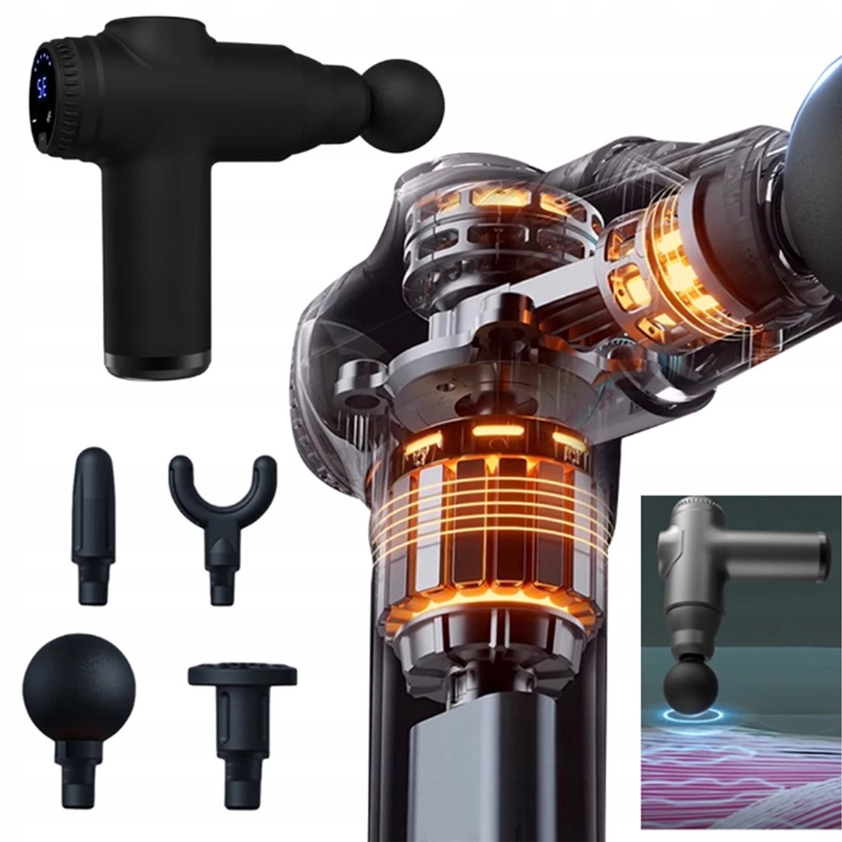 Afbeelding 2 van Mini elektrische massagegun - Fascia Gun - 32 snelheden - 3500 tpm - 1800 mAh - 4 massagekoppen - met LCD-scherm - voor ontspanning van lichaamsspierenmassage