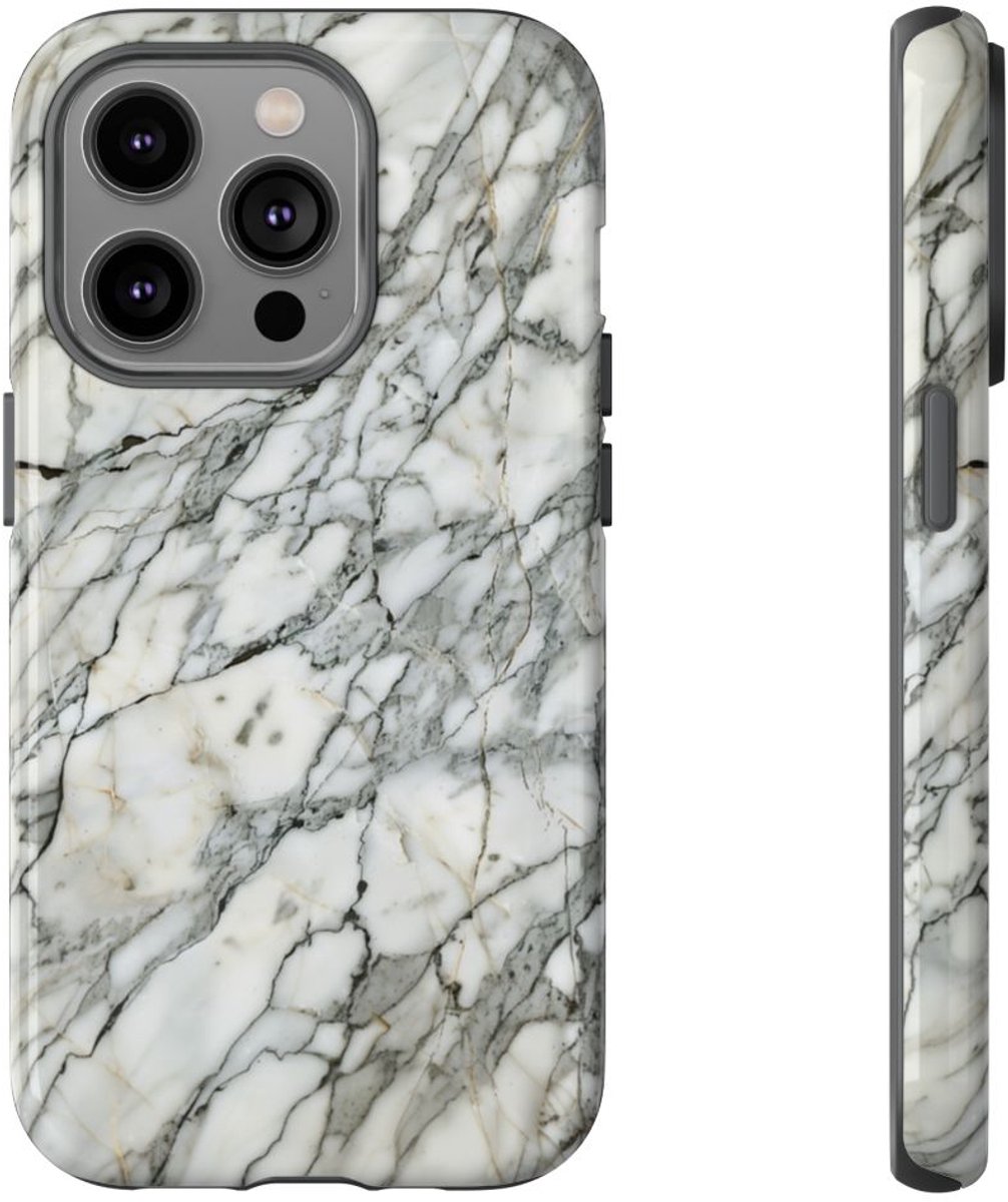 Wit Marmerpatroon met Glanzende Afwerking – Telefoonhoesje Geschikt voor iPhone 14 Pro