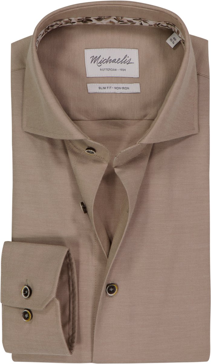 Michaelis slim fit heren overhemd - twill - beige - Strijkvriendelijk - Boordmaat: 40