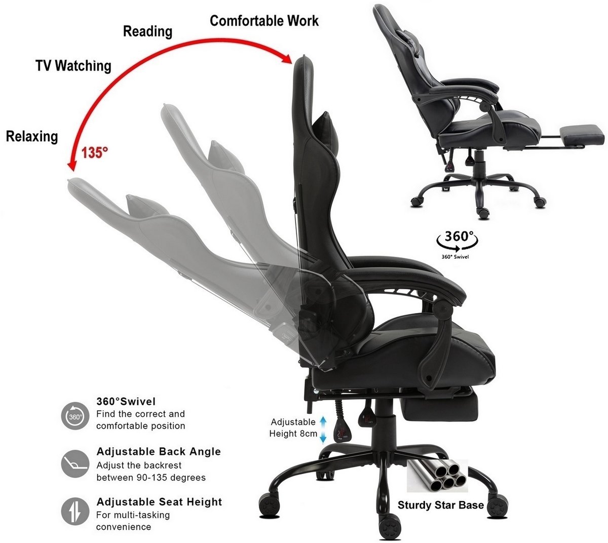 Afbeelding 2 van Delman Gaming- en bureaustoel met massagefunctie,2 trillingspunten, 360° draaibaar, met USB-poort, hoofdsteun en voetensteun, kantelbare rugleuning, draagvermogen 150kg