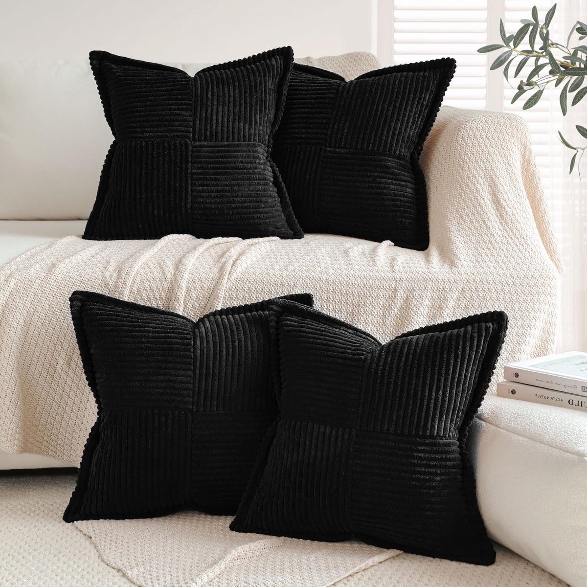 Ibenzoa Set van vier decoratieve corduroy kussenslopen voor een stijlvol interieur zwart