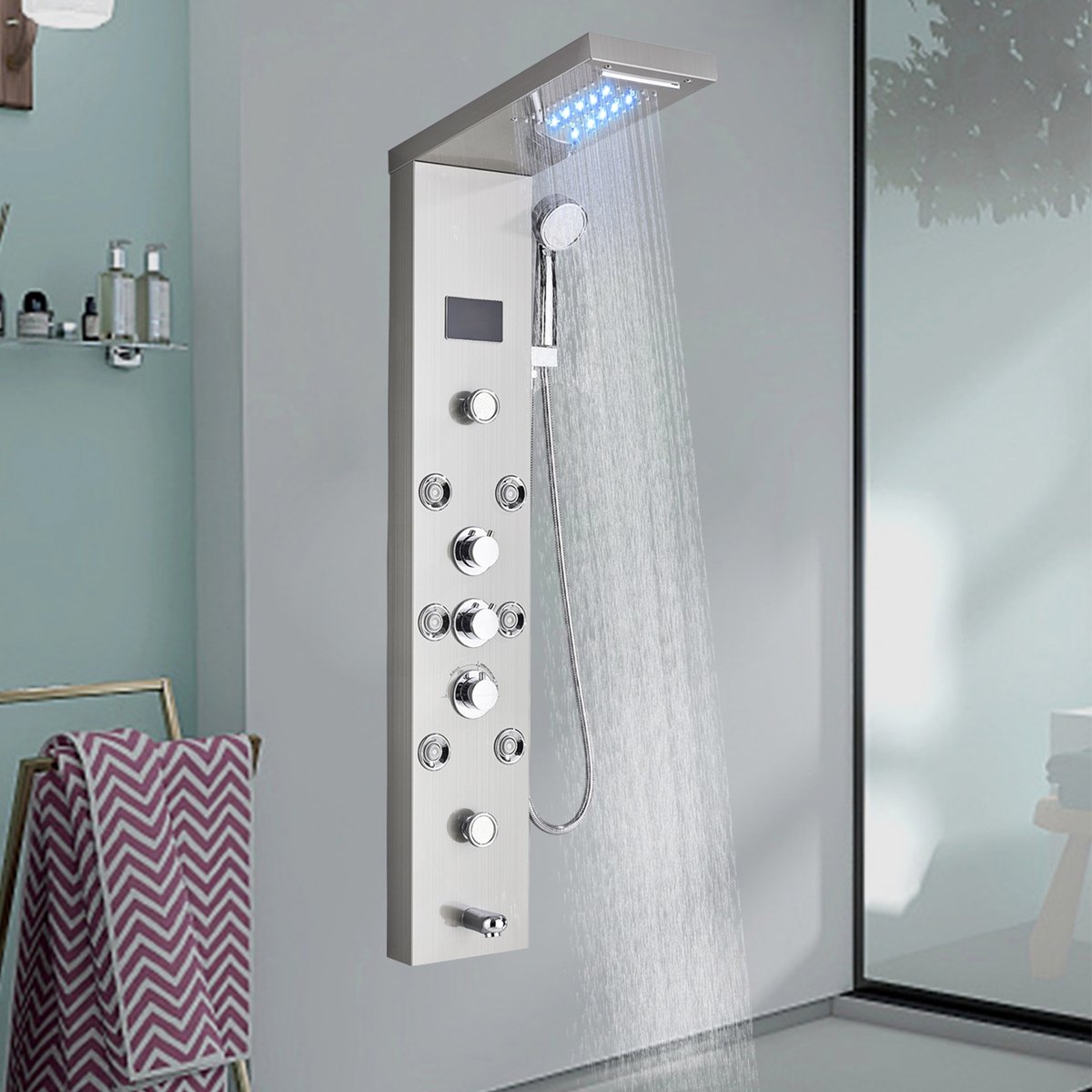 Regendouche Systeem Roestvrij Staal Douchepaneel Doucheset met Massagemodus Watervalmodus & Douchemodus Handdouche Badsystemen Douchekraan Set Douchesysteem voor Badkamer (Silver)