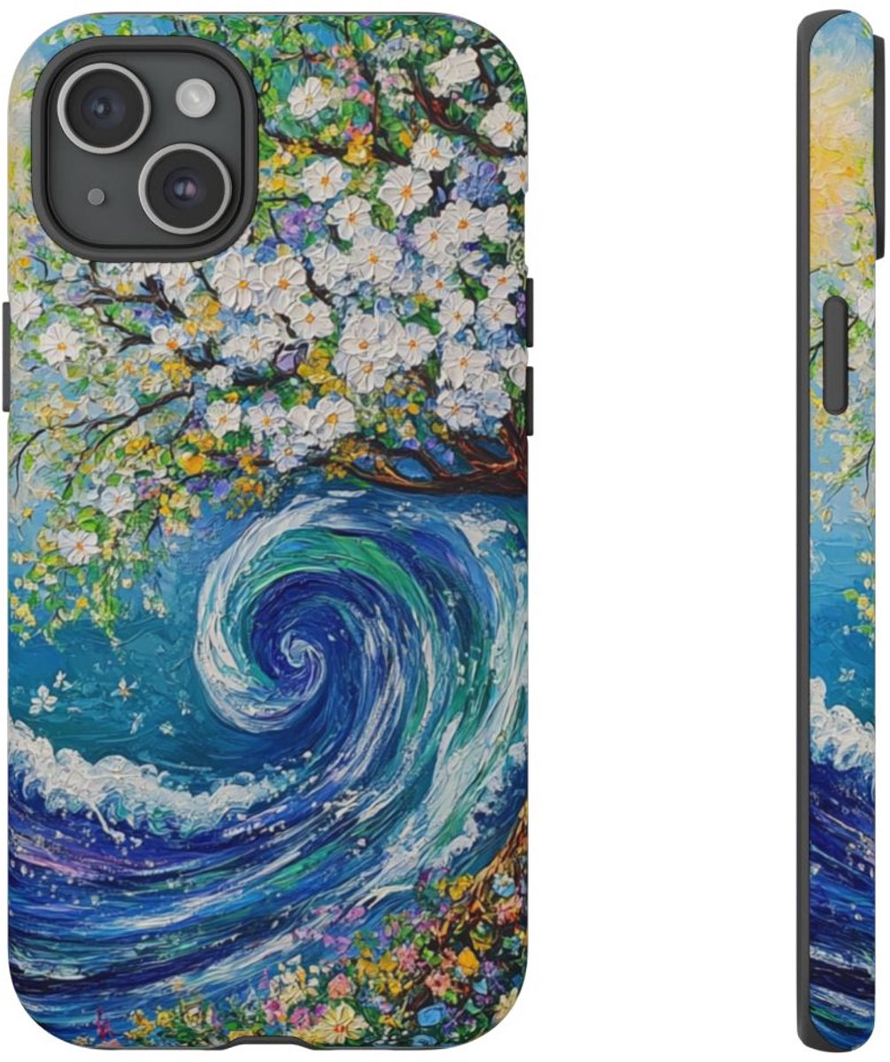 Oceaangolf en Bloeiende Boom Schildering – Telefoonhoesje Geschikt voor iPhone 15 Plus
