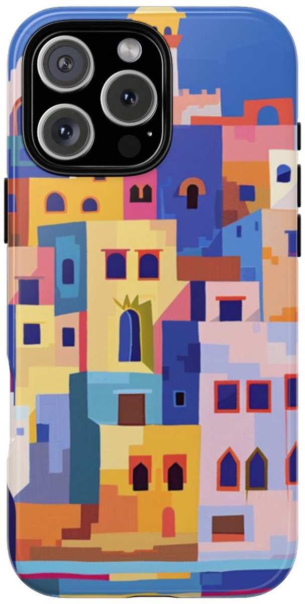 Kleurrijke Illustratie van een Kuststad – Telefoonhoesje Geschikt voor iPhone 16 Pro Max