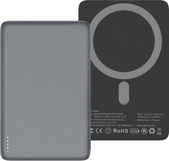 Valenta Ultra Dunne Single USB-C Powerbank 5.000 mAh 20W - Valenta - €45,00