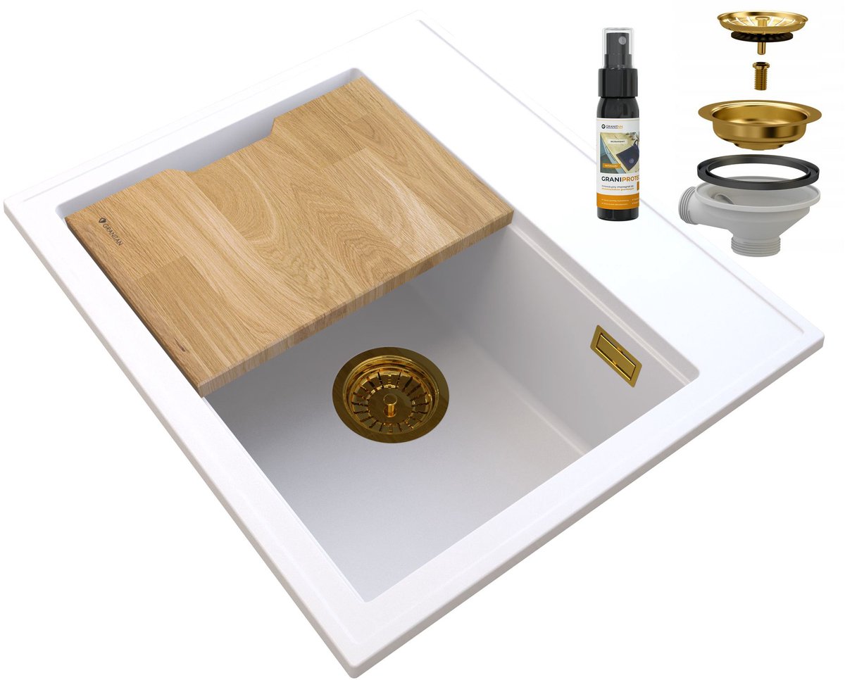 Granitische Spoelbak Granitan Foxal Enkel Met Snijplank en Gouden Sifon