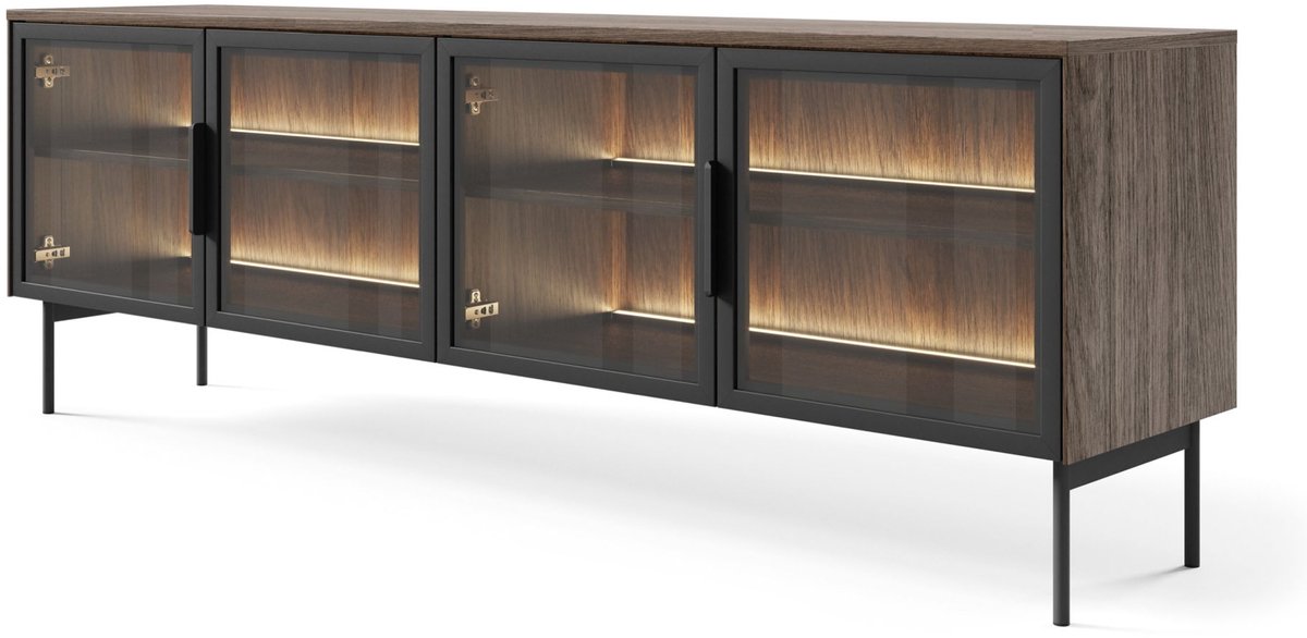 Selsey Lumi - TV-meubel met glazen fronten en LED, Dunin eiken, 181 cm eiken donker