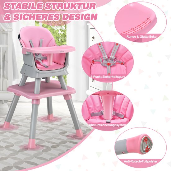 COSTWAY 6-in-1 babystoel, kinderstoel, eetkamerstoel, leertafel & bouwsteentafel & kinderzitgroep, kinderstoel met veiligheidsgordel en afneembaar dienblad, babystoel, combi-kinderstoel van Merkloos — afbeelding 3