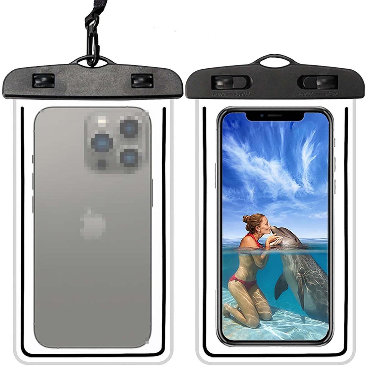 Allecto Plus - Waterdichte telefoontas zwart (2 stuks) IPX8 - Universeel, zwemmen, sport - HD-beschermhoes - Geschikt voor mobiele telefoons tot 175 cm