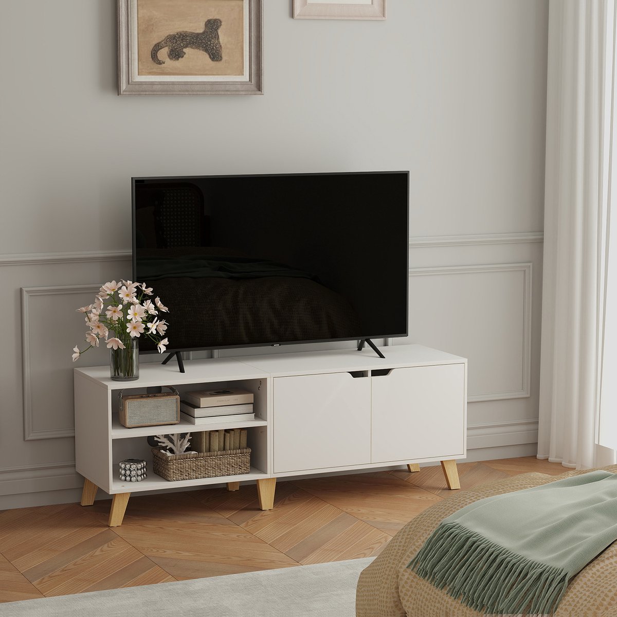 MAZAZU MIRA Home Tv Meubel Wit - Tv Kast met Kleppen en Open Vakken - Verstelbare Plank - 140 x 40 x 50 cm