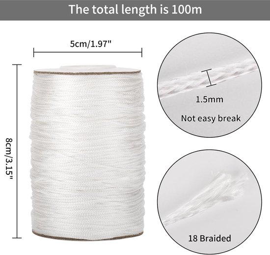 G2PLUS 100 Meter Nylon Koord – 1,5 Mm Wit Gevlochten Touw, Sterk En Veelzijdig Voor Jaloezieën, Sieraden En Meer