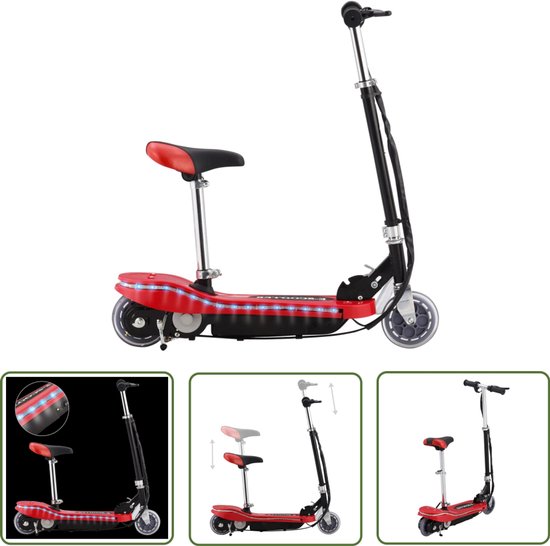 Elektrische kinderstep met zadel, LED-verlichting, 120W motor, inklapbaar, rood, voor kinderen vanaf 6 jaar