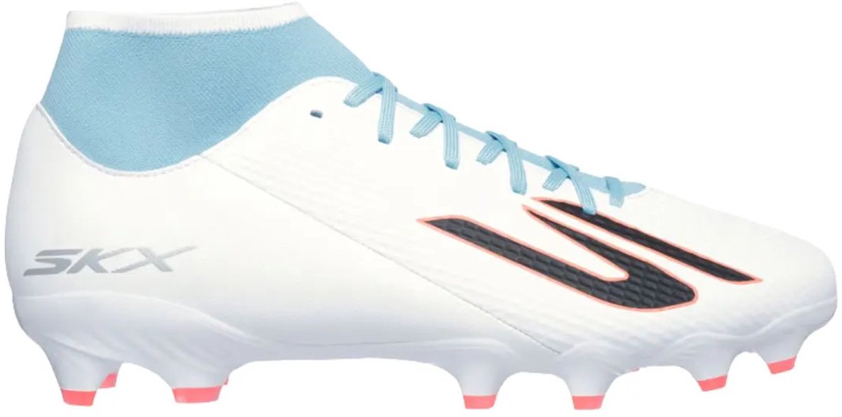 Skechers gold fg voetbalschoenen in wit, maat 42, met blauwe accenten en zwarte logos.