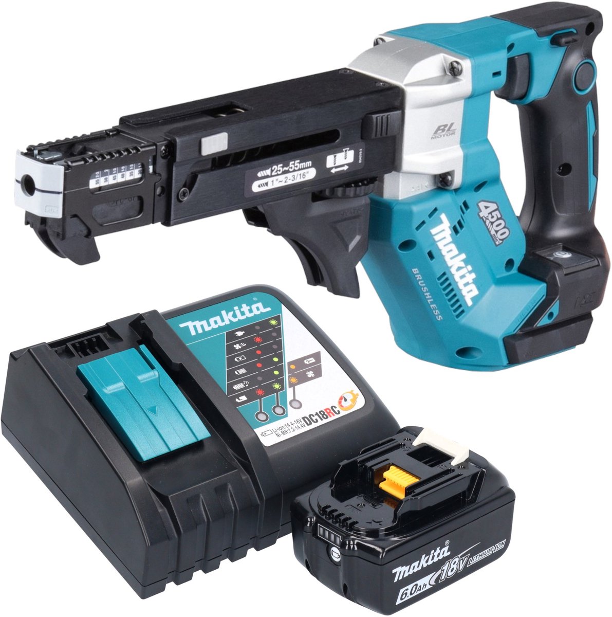 Makita DFR 552 RG1 accu-magazijnschroevendraaier 18 V 25 - 55 mm borstelloos + 1x accu 6.0 Ah + lader