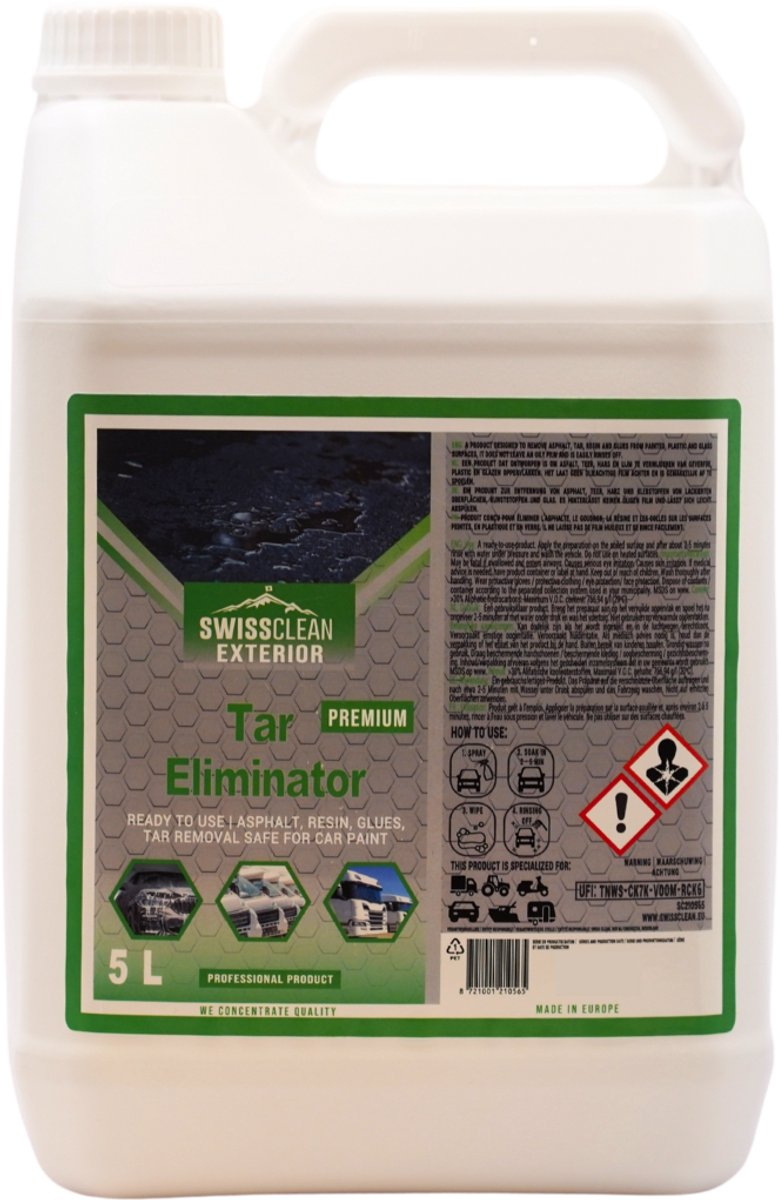 Swiss Clean | Tar Eliminator Premium | Professionele hars, teer, asfalt, lijm, verwijderaar reiniger voor auto | Tegen sterk vuil en aanslag | 5 L | Exterior clean | Reiniger auto | Cleaner | Auto wassen | Car cleaning