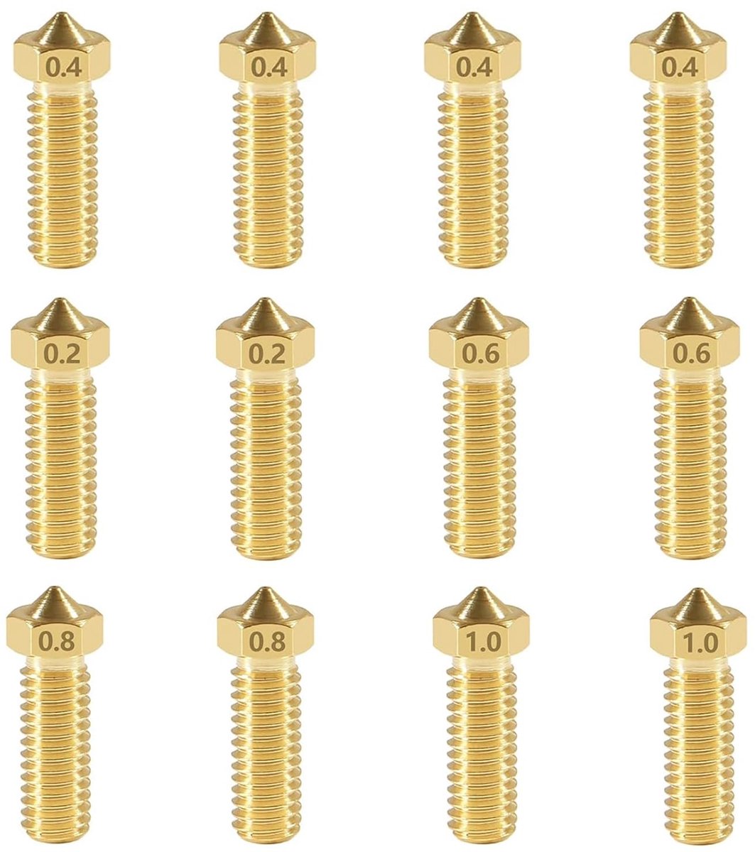 Messing spuitmonden set 12 stuks - Volcano Nozzle voor Anycubic Kobra 2 - 3D-printer spuitmonden 0,2 mm 0,4 mm 0,6 mm 0,8 mm 1,0 mm voor 1,75 filament Artillery Genius / Sindwinder X1