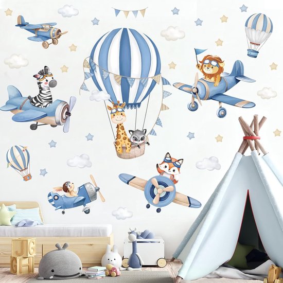 Stickers muraux ballons et avions bleus – Motif animalier : girafe, lion et renard – Décoration Chambre de bébé chambre d'enfant