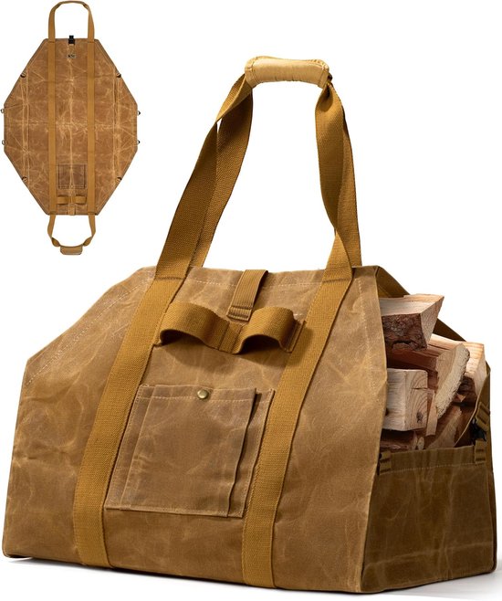 BONTHEE Haardhout brandhout mand draagtas, gewaxt canvas waterdicht grote vrijstaande houten draagtas, 1, bruin, Classic